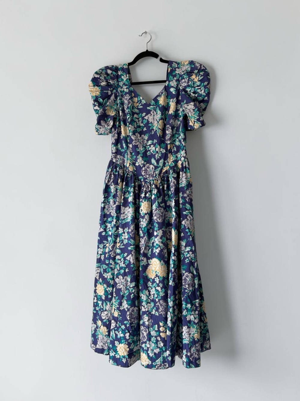 Laura Ashley Vintage Blue Floral Puff Sleeve Midi Dress UK 14 US 12 Cottagecore - Picture 3 of 11